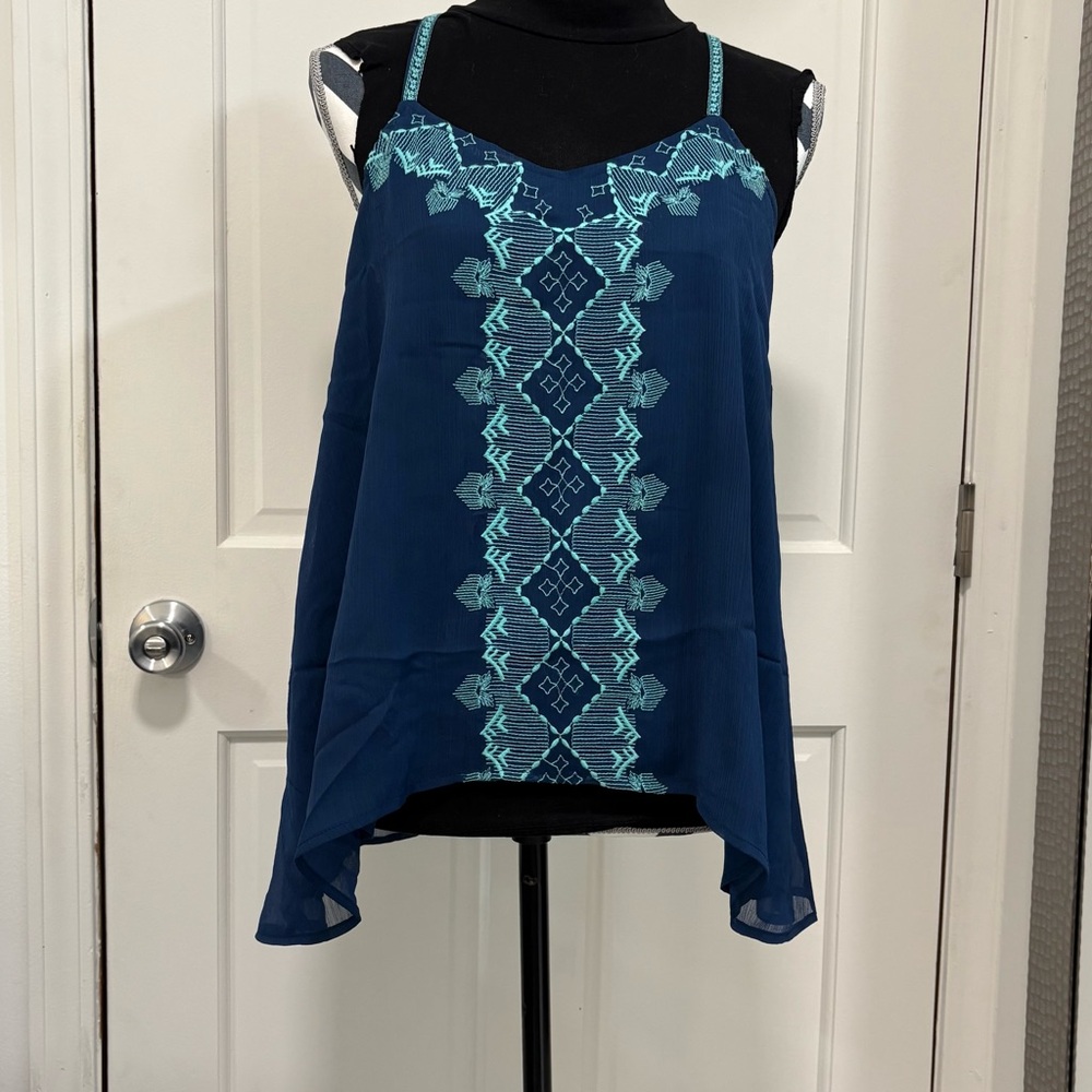 Maurices Western Print Tank Embellished‎ Cami Navy/Teal Racer Back Flowy Boho
